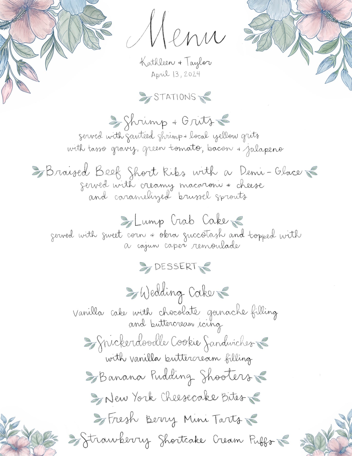 Reception Menus for 04|13|24