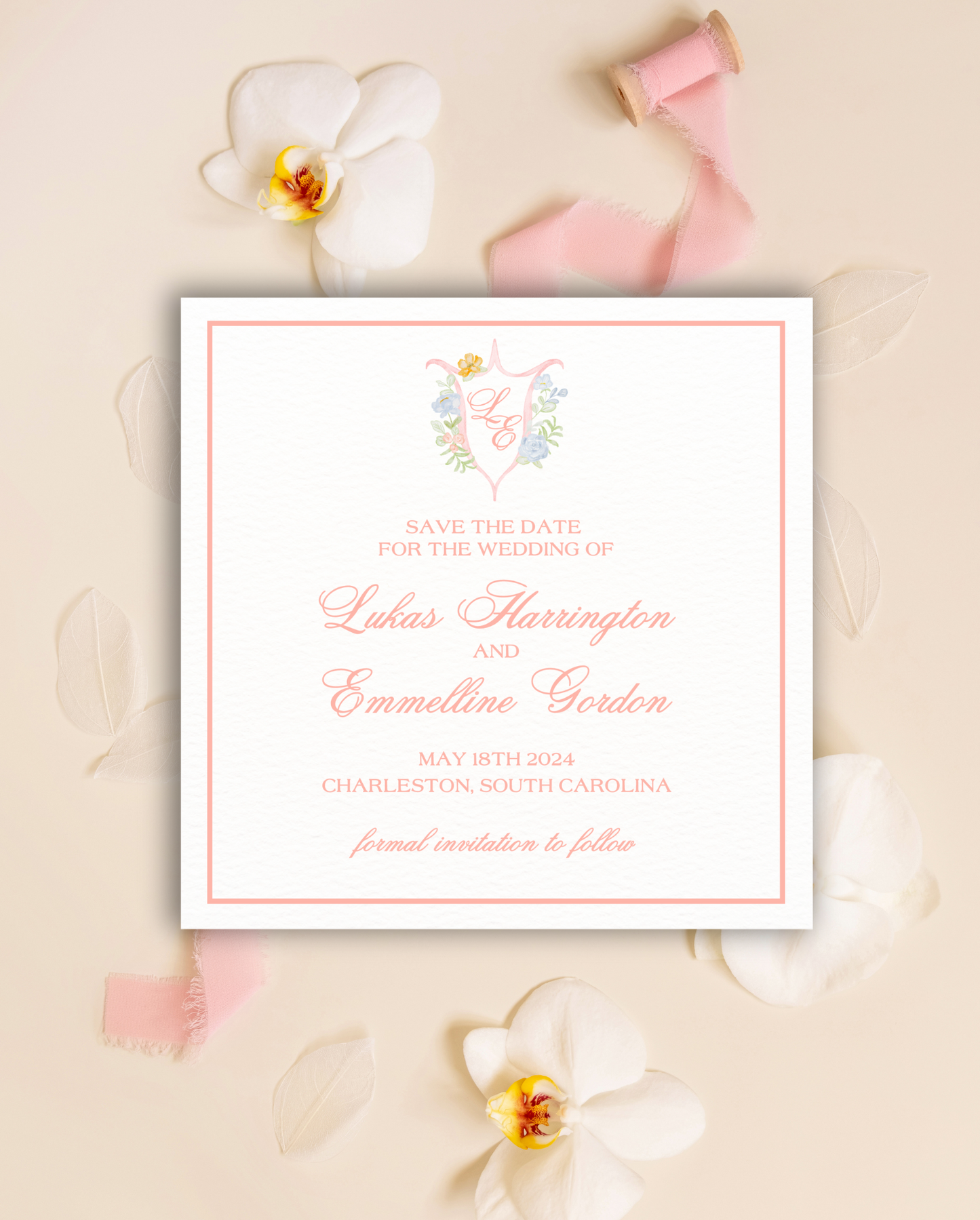 Blooming Crest Bordered Square Save The Date