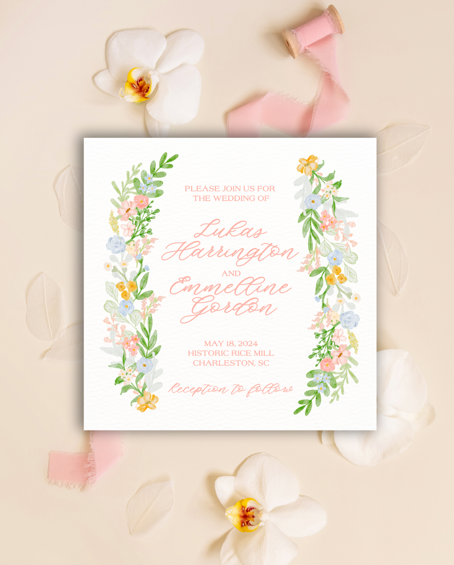 Blooming Crest Collection Garland Square Invitation