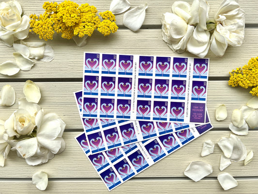 Vintage Love Swan Postage Stamps - Purple Sunset on Lake Heart Bird Stamps
