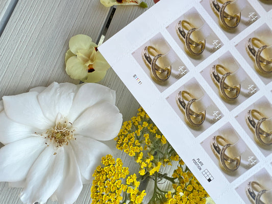 Full Sheet of 20 Gold Wedding Band Stamps - Neutral Wedding/Engagement Ring Stamps - Additional Ounce Postage