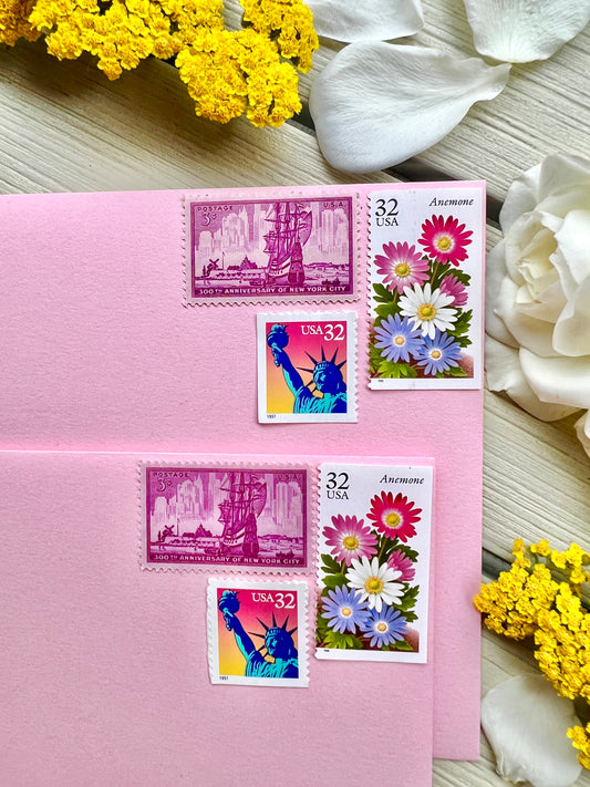 Vintage Pink Floral New York City Postage Stamp Set - Statue of Liberty - NYC