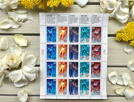 Sheet of 20 Vintage Winter Olympic Postage Stamps