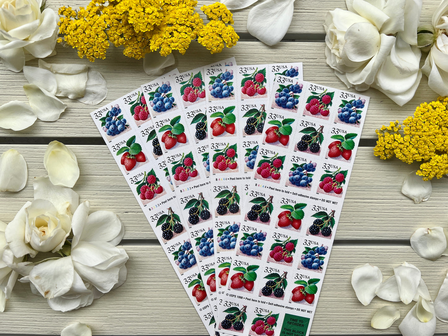 Vintage Fruit Berry Postage Stamps - 1999 Strawberries, Blueberries, Raspberries, Blackberries