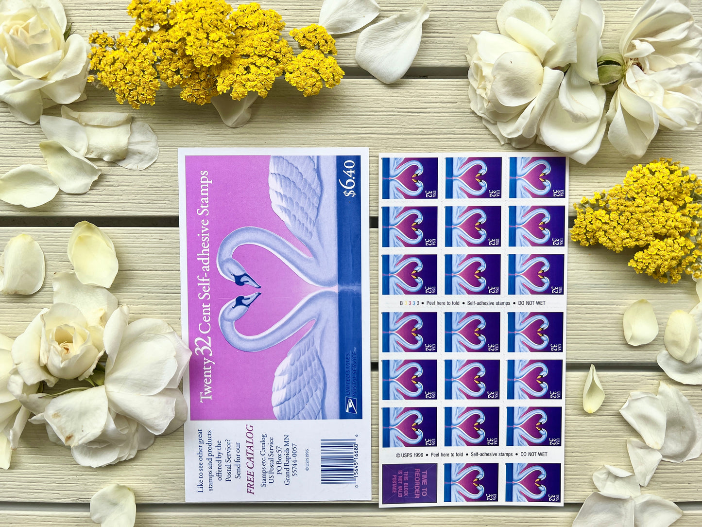 Vintage Love Swan Postage Stamps - Purple Sunset on Lake Heart Bird Stamps