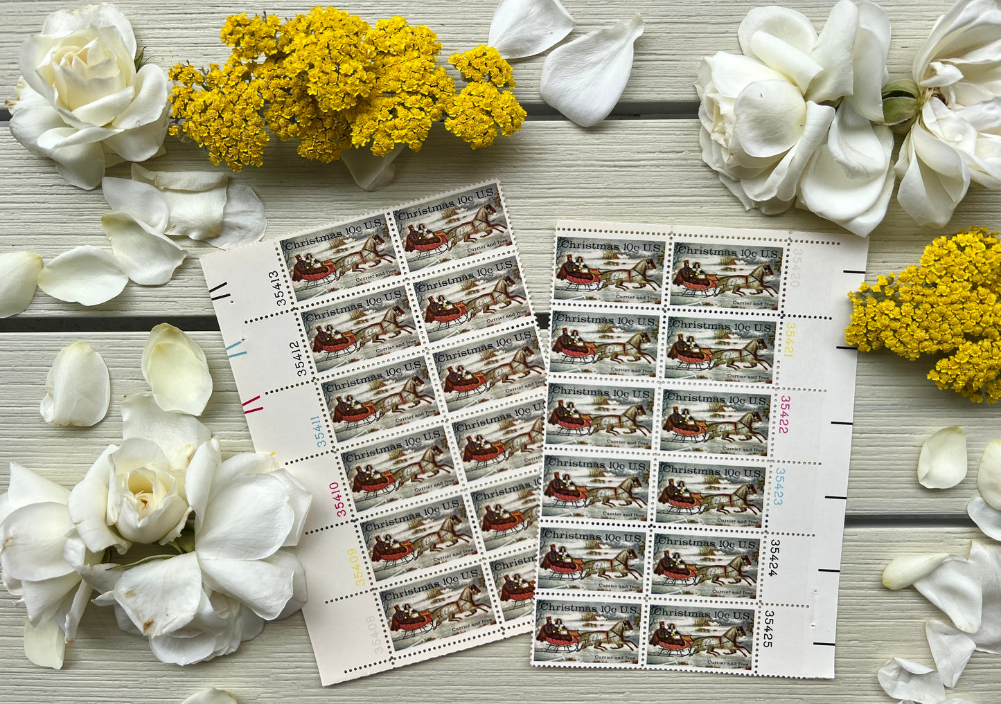 12 Sleigh & Horse Christmas Stamps - Vintage Currier & Ives Holiday Stamps for Mailing from 1974
