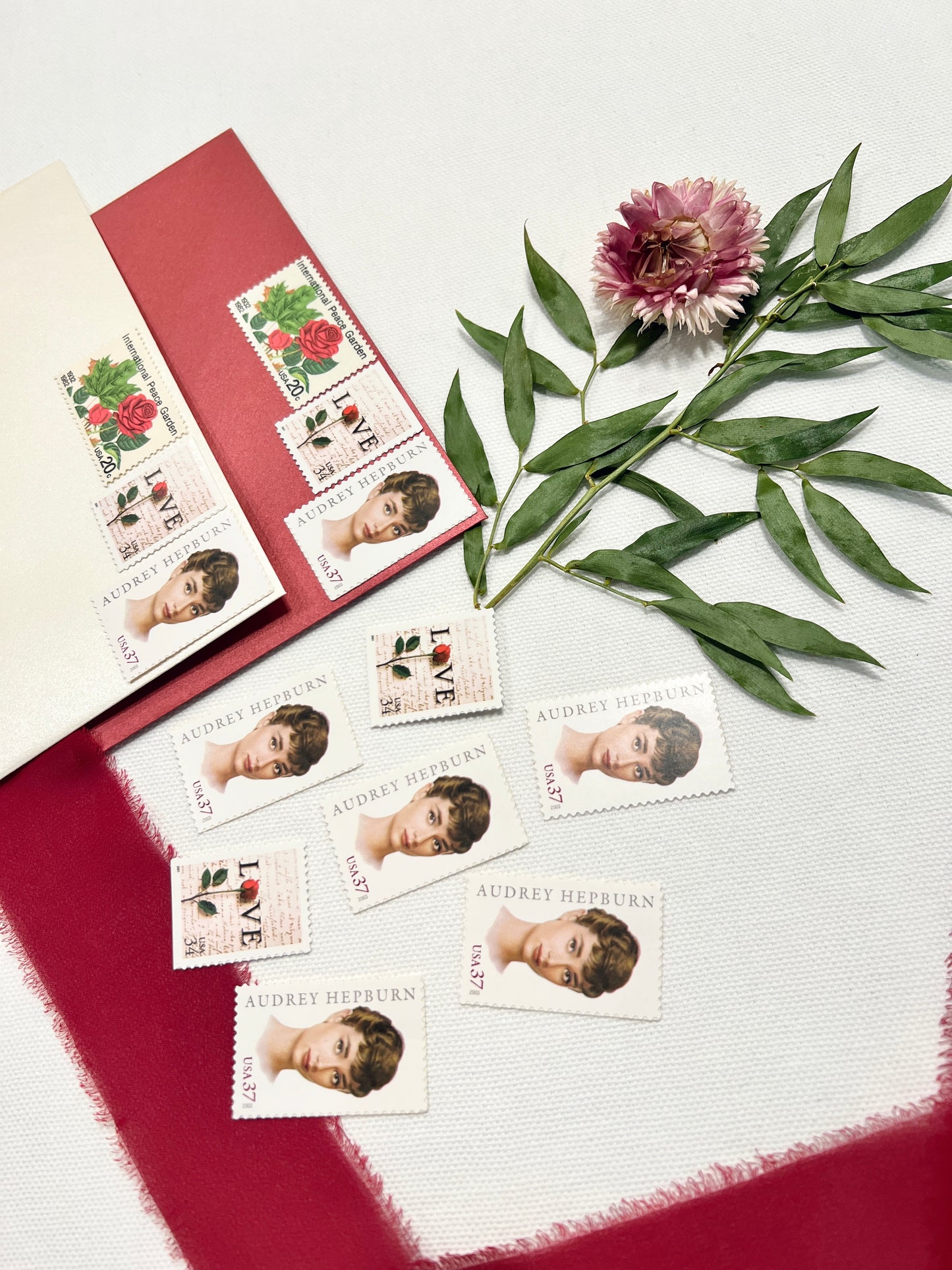 Neutral Wedding Postage - Floral Vintage Curated Set with Audrey Hepburn, International Peace Garden, Love Letter and Rose