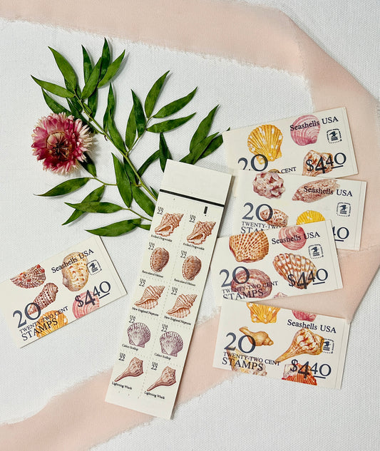 100 Vintage Seashell Postage Stamps - Beach Unused Stamps - Summer Wedding Invitations