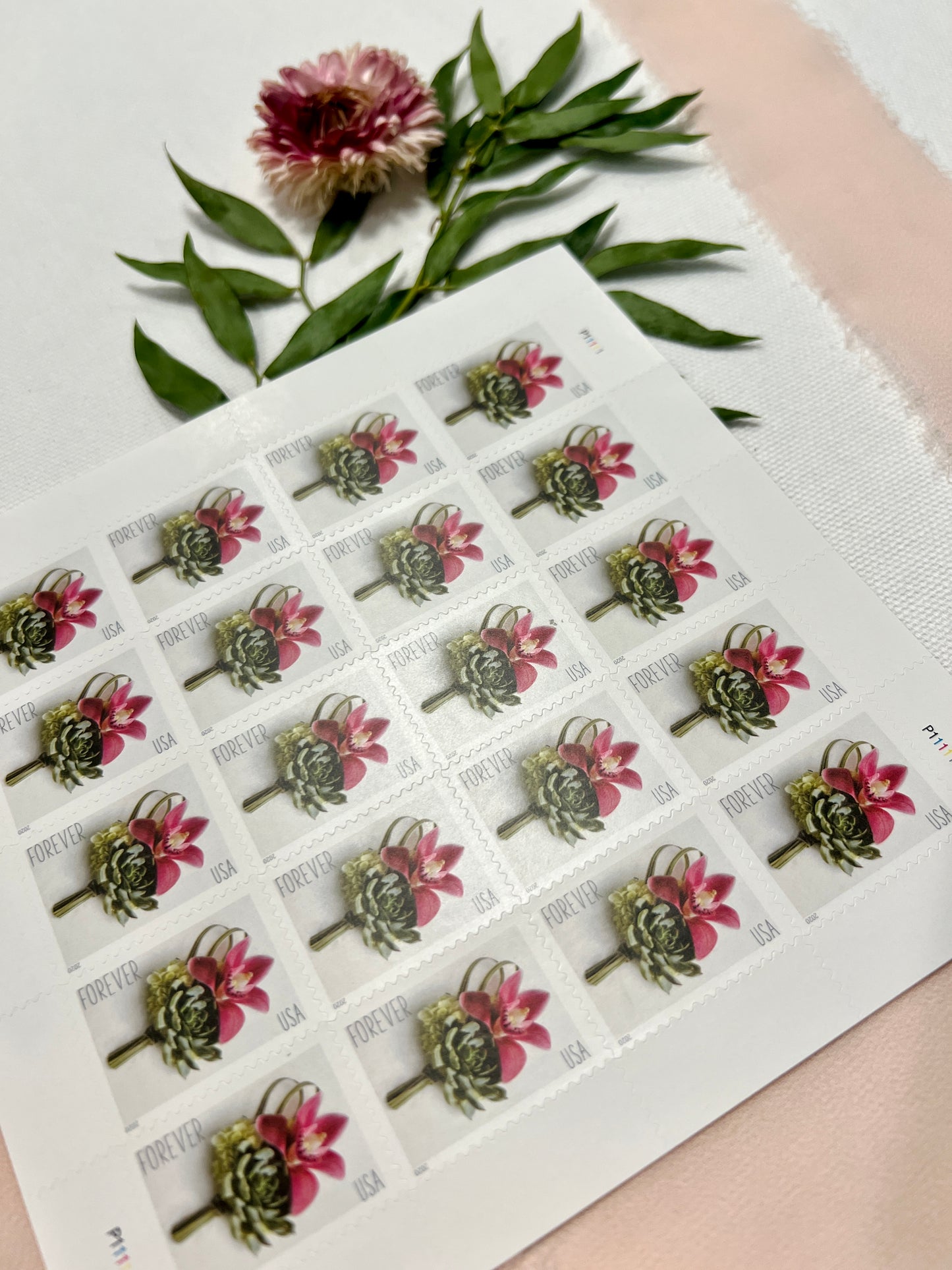 Contemporary Boutonniere Forever Stamps - Pink Flower and Succulent Stamps for Wedding