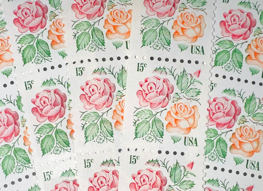 Pink and Orange Rose USPS Stamps - Vintage Floral Love Postage Stamps For Wedding Invites