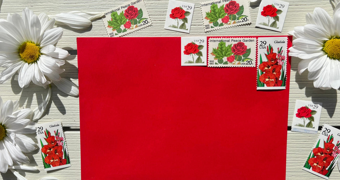 Vintage Floral Curated Postage Stamp Set - Red Flower USPS Stamps for Invitations and Birthday Cards