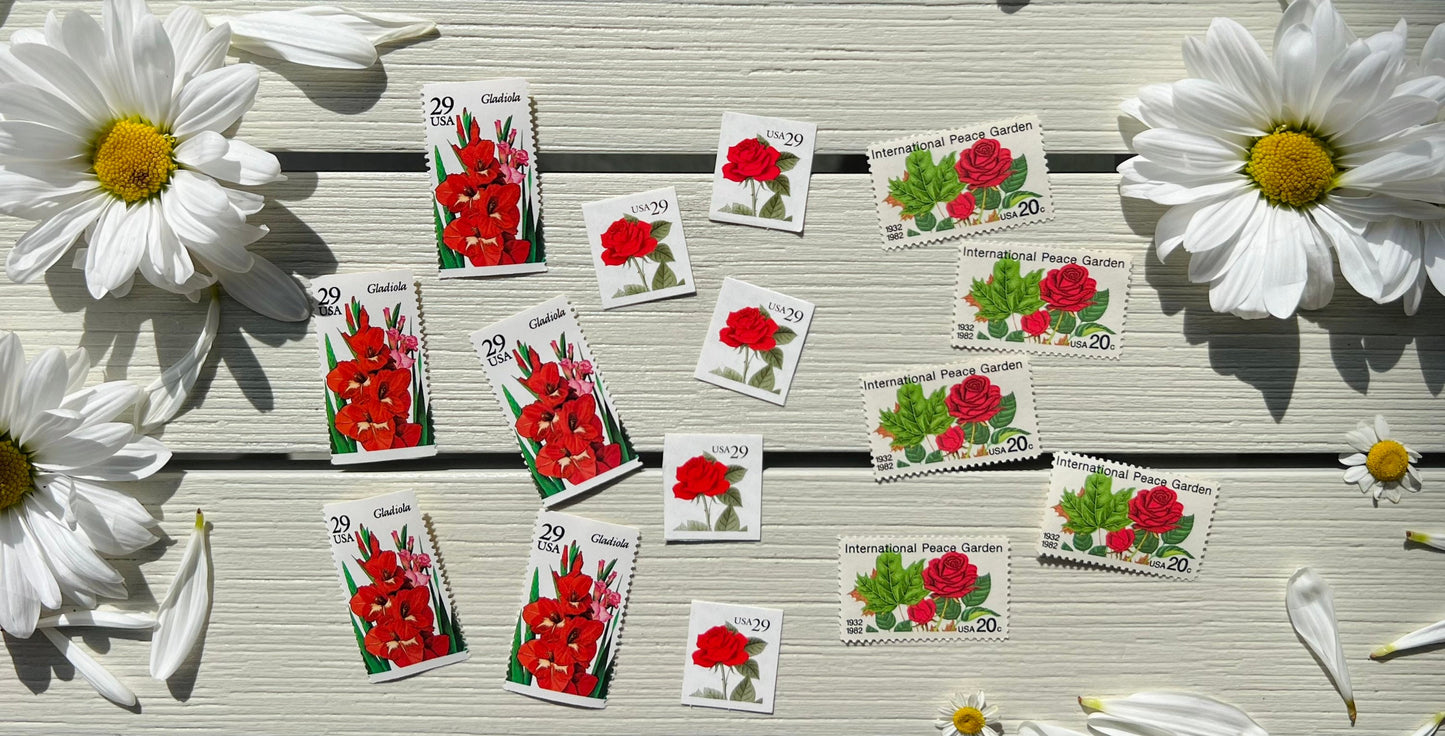 Vintage Floral Curated Postage Stamp Set - Red Flower USPS Stamps for Invitations and Birthday Cards