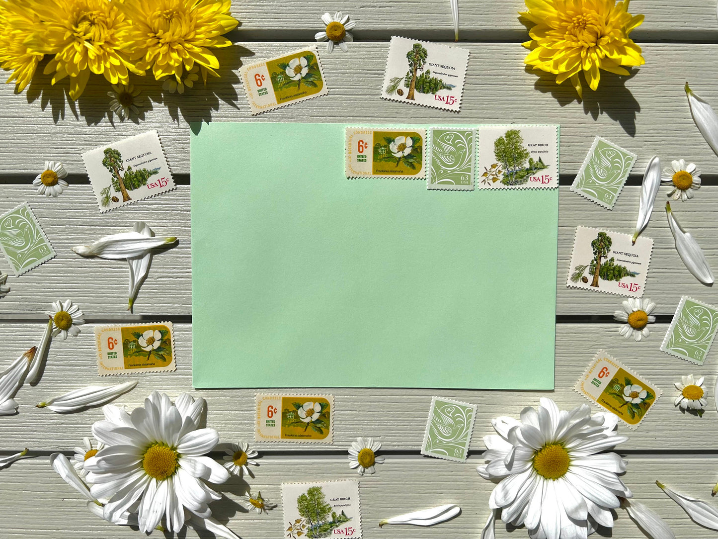 Light Green Wedding Stamps - Love, Nature, Floral, Vintage, Heart Themed USPS Postage Stamps - Custom Curated Set