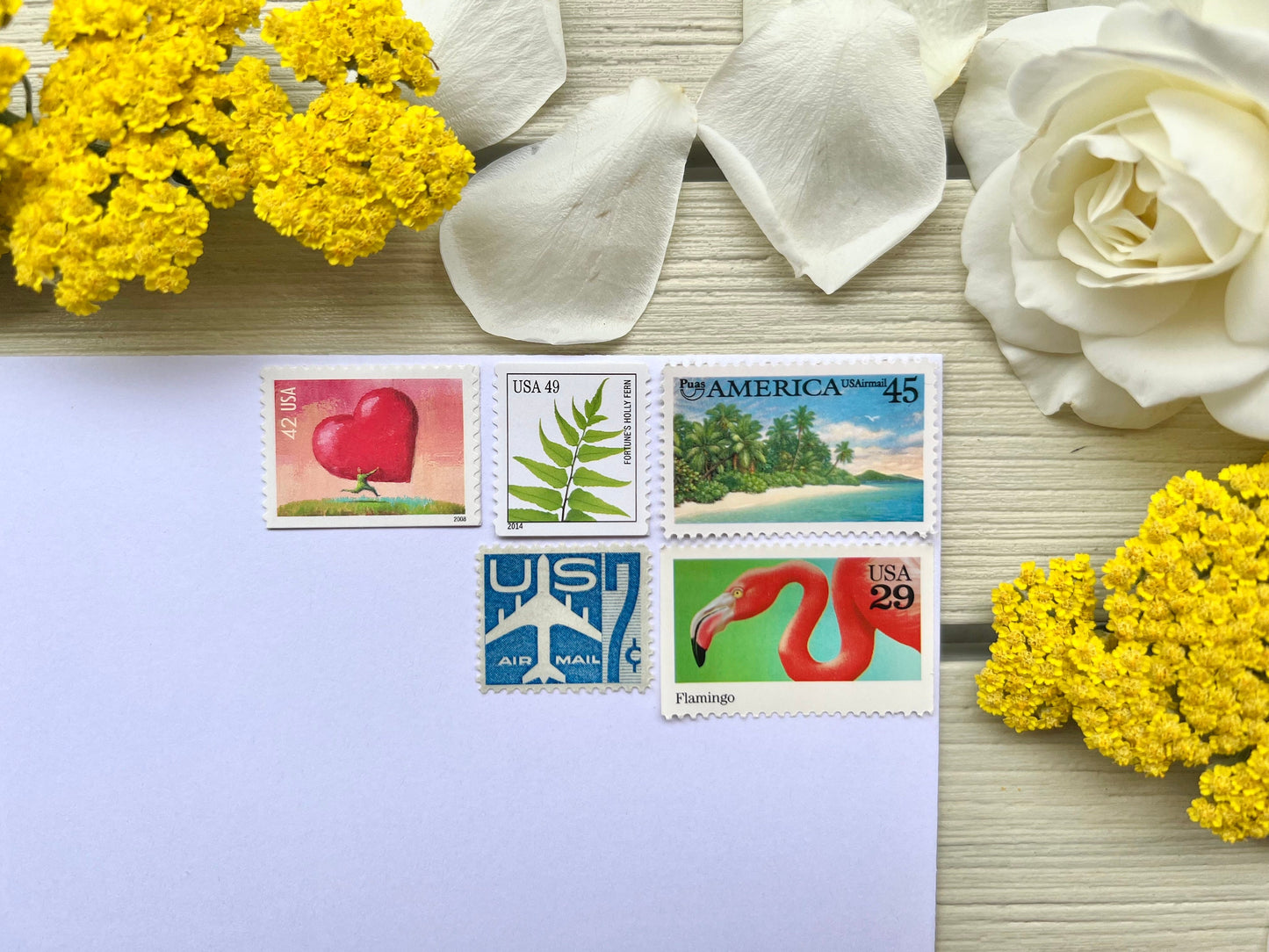 Beach Wedding Postage Stamps - USPS stamps for Destination Wedding Invites - Love, Travel, Heart, Floral, Palm Tree, Beach Themed