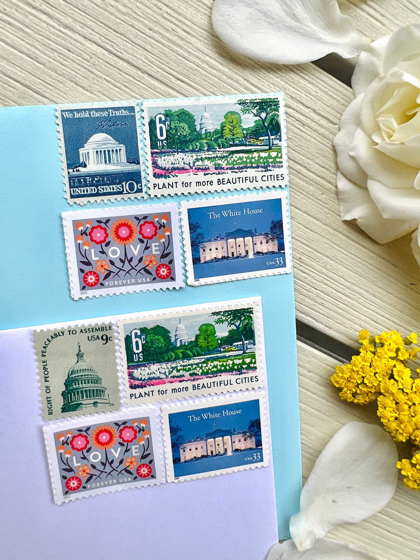Washington DC Postage Stamp Set - Curated Blue and Teal USPS Stamps for 8 Envelopes - White House & Capitol Stamps for Mailing