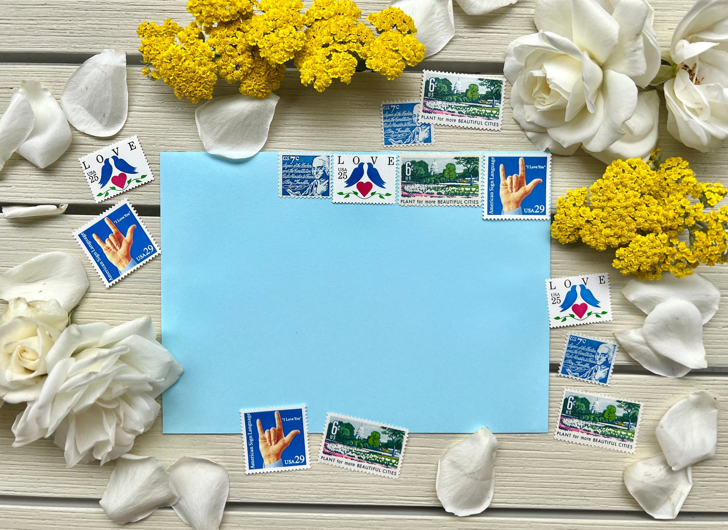 Blue Vintage Postage - Vintage Curated Love Stamp Set for Wedding Invites - Floral & Bird USPS Stamps