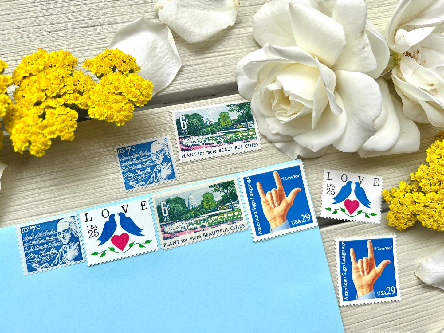 Blue Vintage Postage - Vintage Curated Love Stamp Set for Wedding Invites - Floral & Bird USPS Stamps