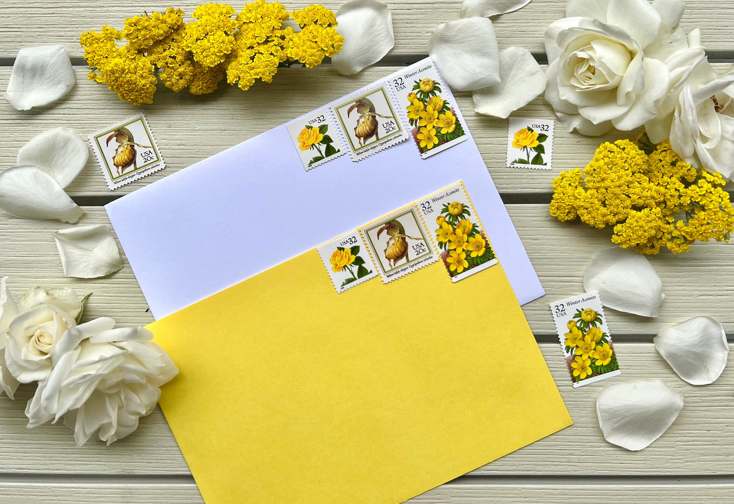 Yellow Floral Postage Stamp Set - Curated Yellow USPS Stamps for 15 Envelopes - Yellow Rose and Flowers