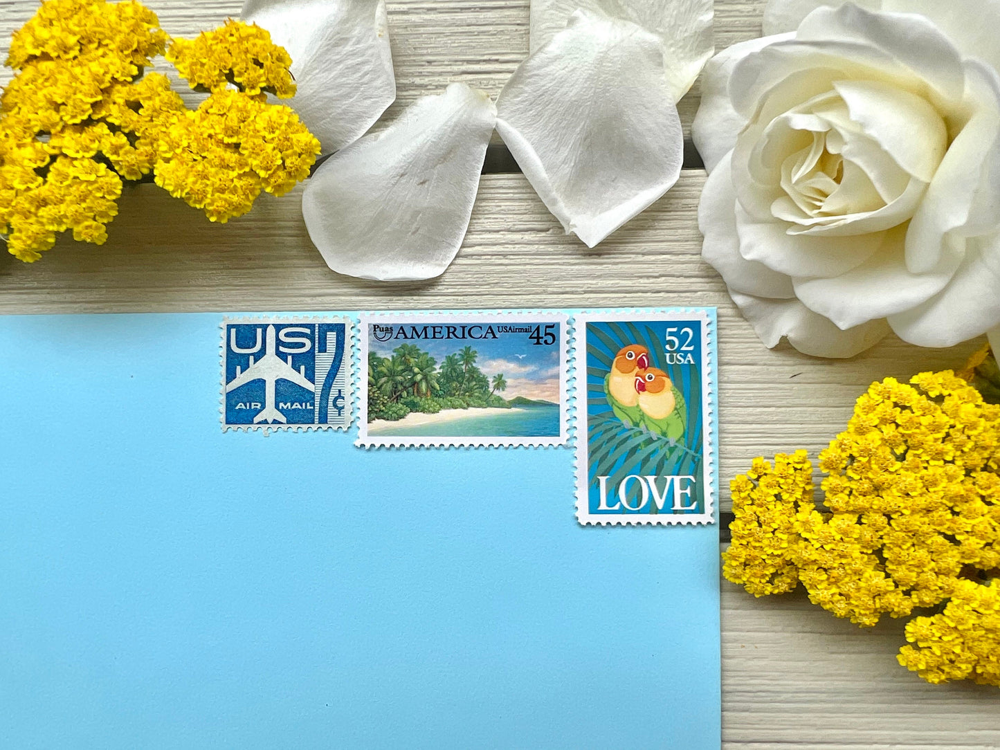 Beach Wedding Postage Stamps - USPS stamps for Destination Wedding Invites - Love, Travel, Heart, Floral, Palm Tree, Beach Themed