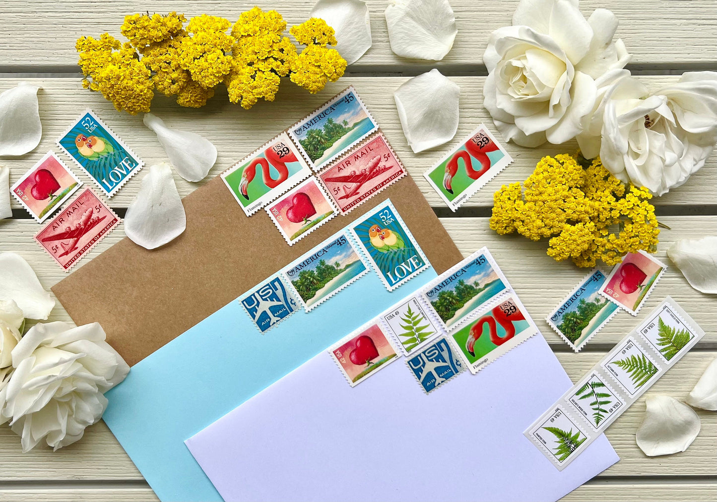 Beach Wedding Postage Stamps - USPS stamps for Destination Wedding Invites - Love, Travel, Heart, Floral, Palm Tree, Beach Themed