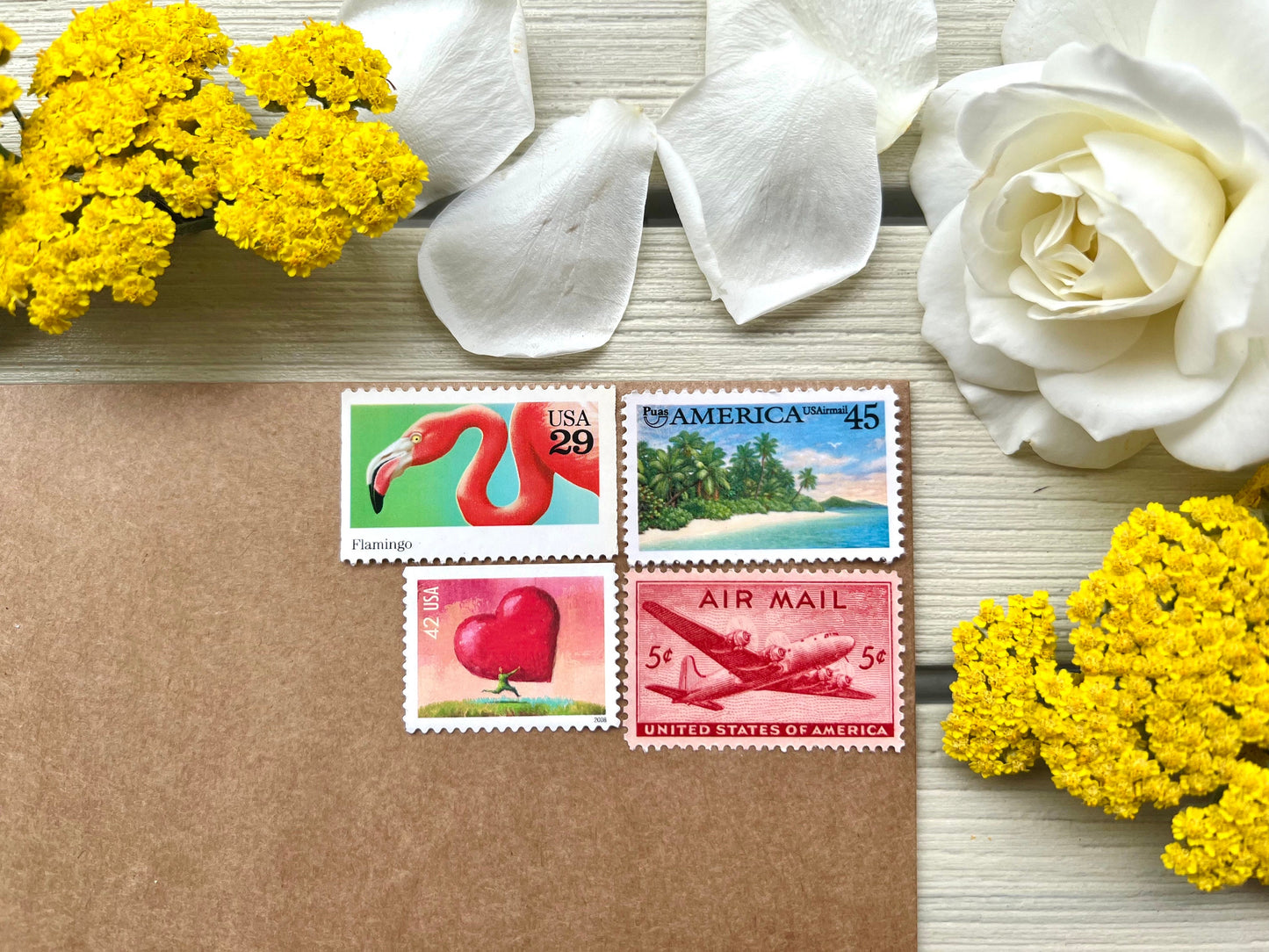 Beach Wedding Postage Stamps - USPS stamps for Destination Wedding Invites - Love, Travel, Heart, Floral, Palm Tree, Beach Themed