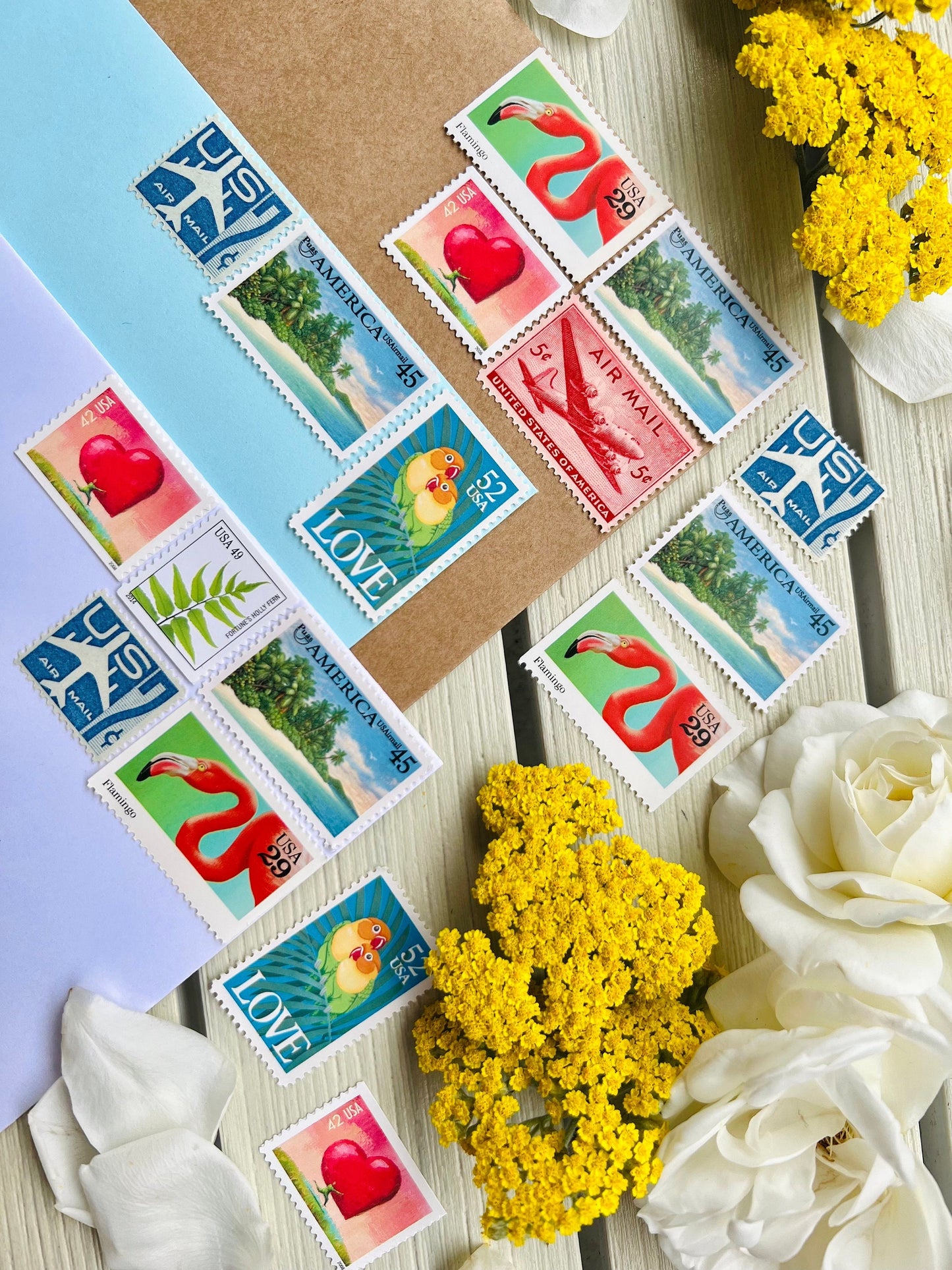 Beach Wedding Postage Stamps - USPS stamps for Destination Wedding Invites - Love, Travel, Heart, Floral, Palm Tree, Beach Themed