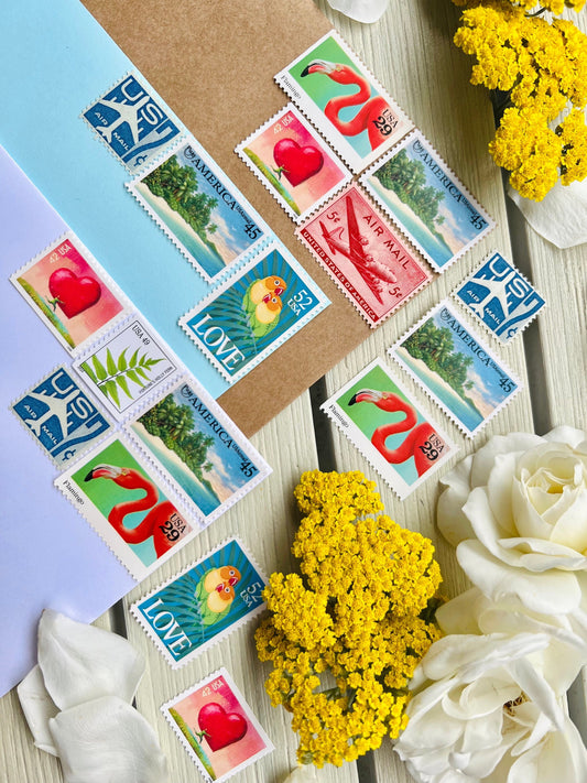 Beach Wedding Postage Stamps - USPS stamps for Destination Wedding Invites - Love, Travel, Heart, Floral, Palm Tree, Beach Themed