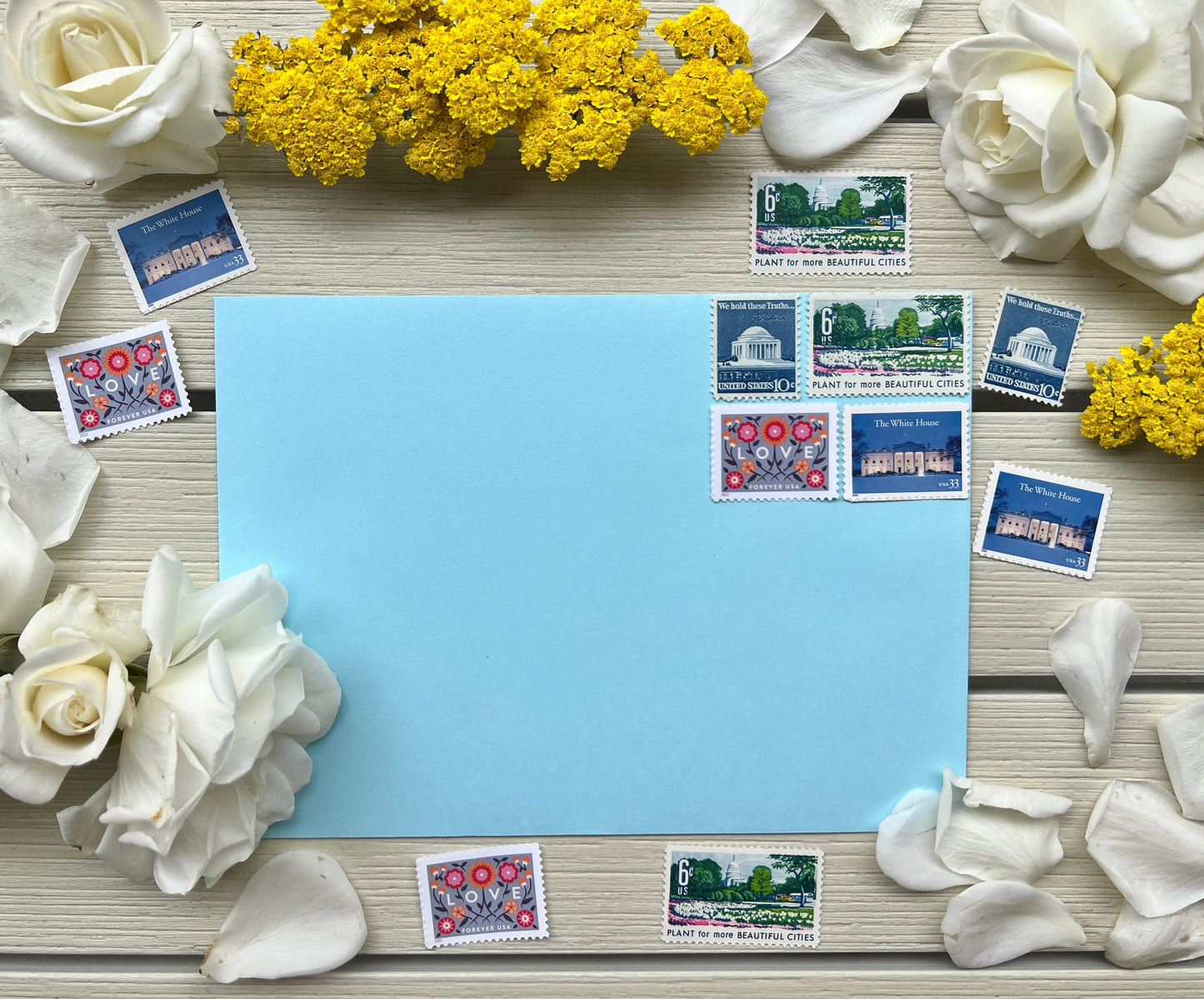 Washington DC Postage Stamp Set - Curated Blue and Teal USPS Stamps for 8 Envelopes - White House & Capitol Stamps for Mailing