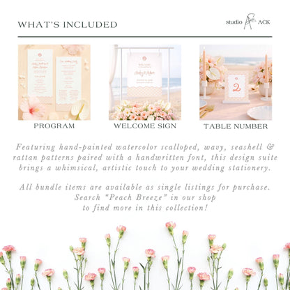 The image is a collage of three wedding stationery items, including a program, a welcome sign, and a table number. The items are available as single listings for purchase, and the shop offers a search for "Peach Breeze" in their collection.