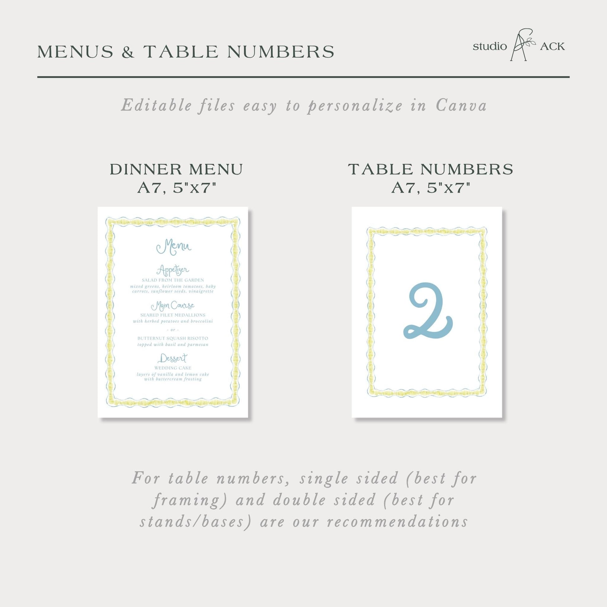 two different types of printed materials: a menu and a table number. The menu is a printed document with a title and a list of items, while the table number is a printed number card. The text suggests that the image is a collage of multiple images, and the viewer is advised to avoid redundancy and vague descriptions.