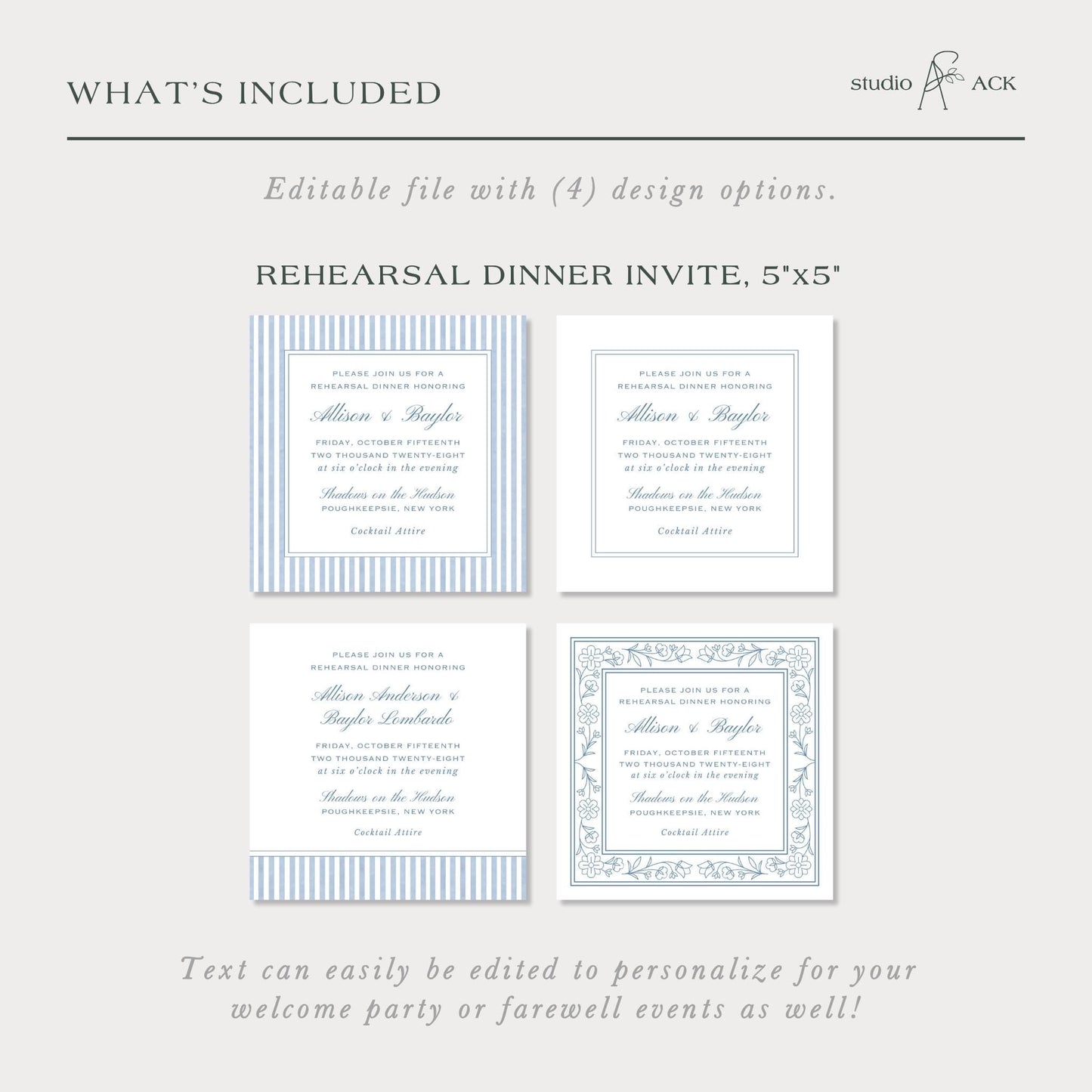 a collection of four different designs for a dinner invitation, each with a unique layout and color scheme.