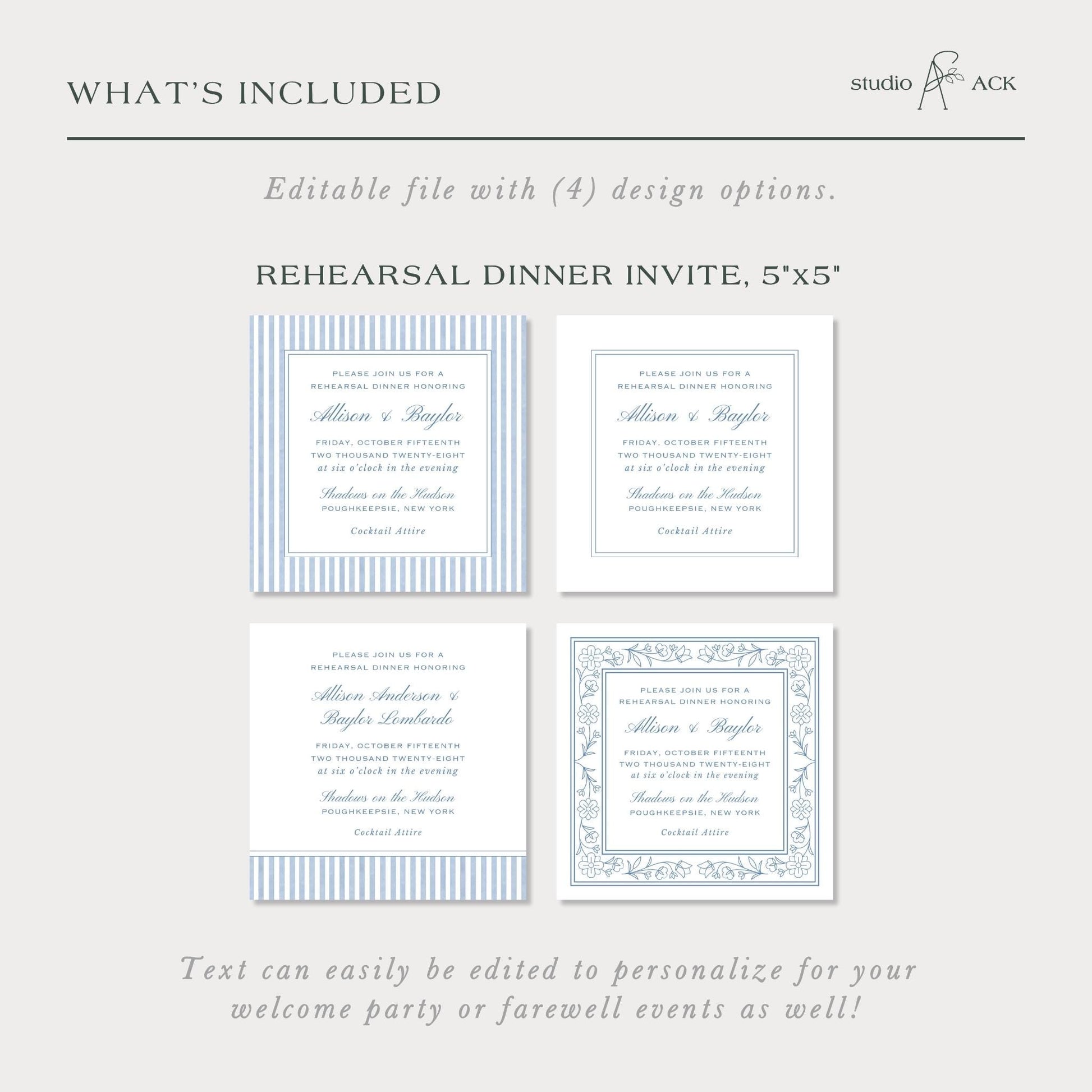a collection of four different designs for a dinner invitation, each with a unique layout and color scheme.