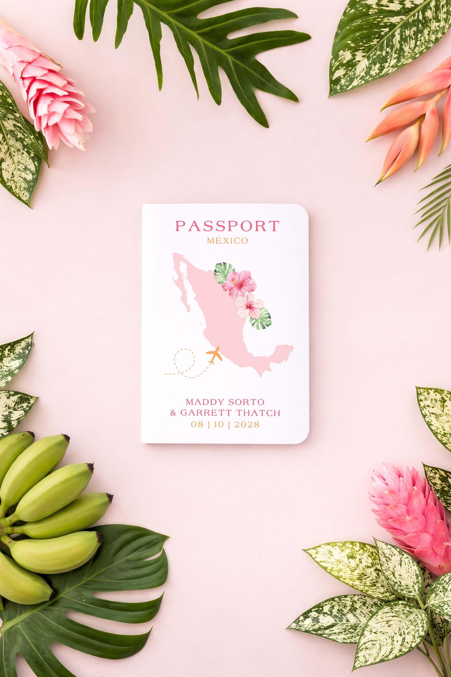 Pink & Orange Tropical Wedding Passport Invitation Template