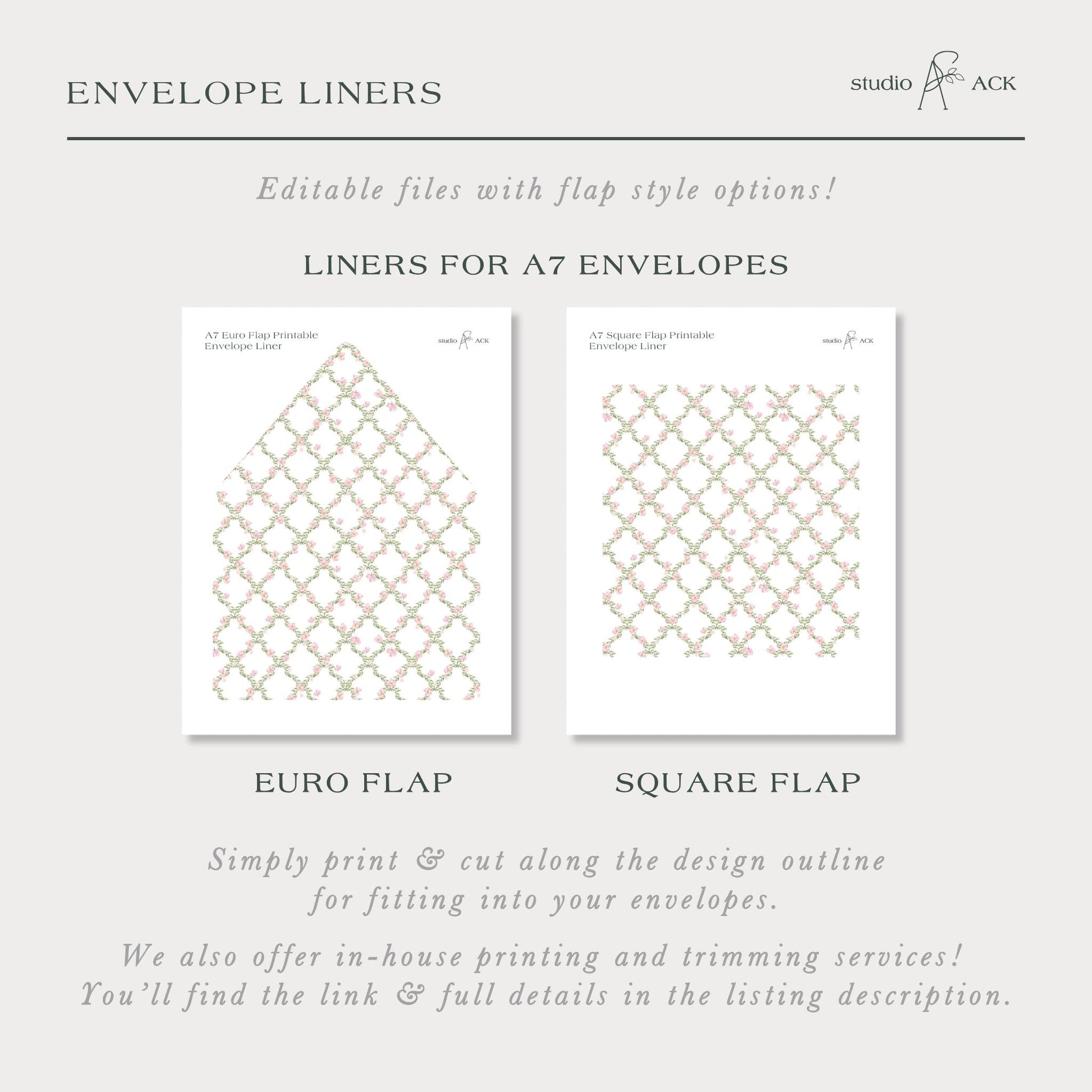 The image is a collection of two images, each depicting a different type of envelope liner. The first image shows a square flap envelope liner, while the second image shows a euro flap envelope liner. The text provides information about the envelope liners, including their ability to be edited with flap style options and their use for fitting into A7 envelopes.