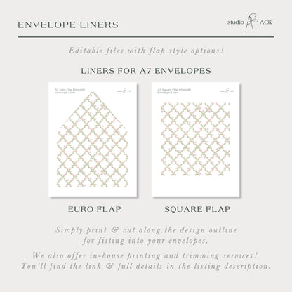 The image is a collection of two images, each depicting a different type of envelope liner. The first image shows a square flap envelope liner, while the second image shows a euro flap envelope liner. The text provides information about the envelope liners, including their ability to be edited with flap style options and their use for fitting into A7 envelopes.
