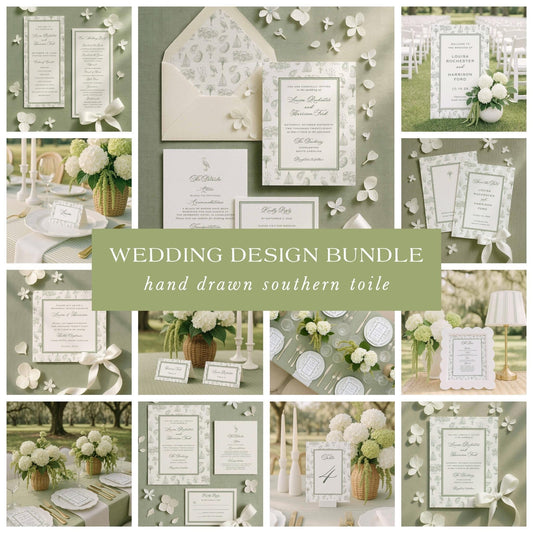 Southern toile wedding invitation bundle with hand-drawn coastal illustrations including palmettos, oysters, egrets, oak trees, and marsh grasses on neutral stationery.
