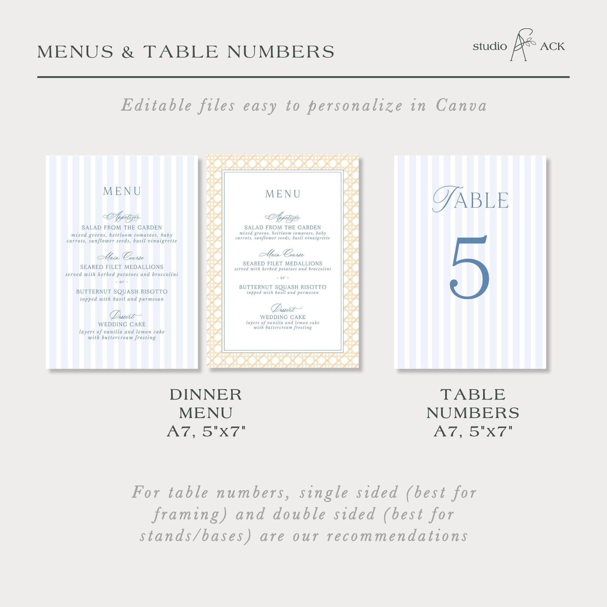 a menu and table numbers for a wedding or event, with a focus on providing recommendations for framing and displaying the numbers.