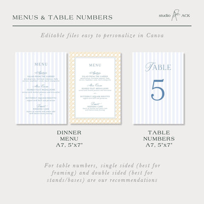 a menu and table numbers for a wedding or event, with a focus on providing recommendations for framing and displaying the numbers.