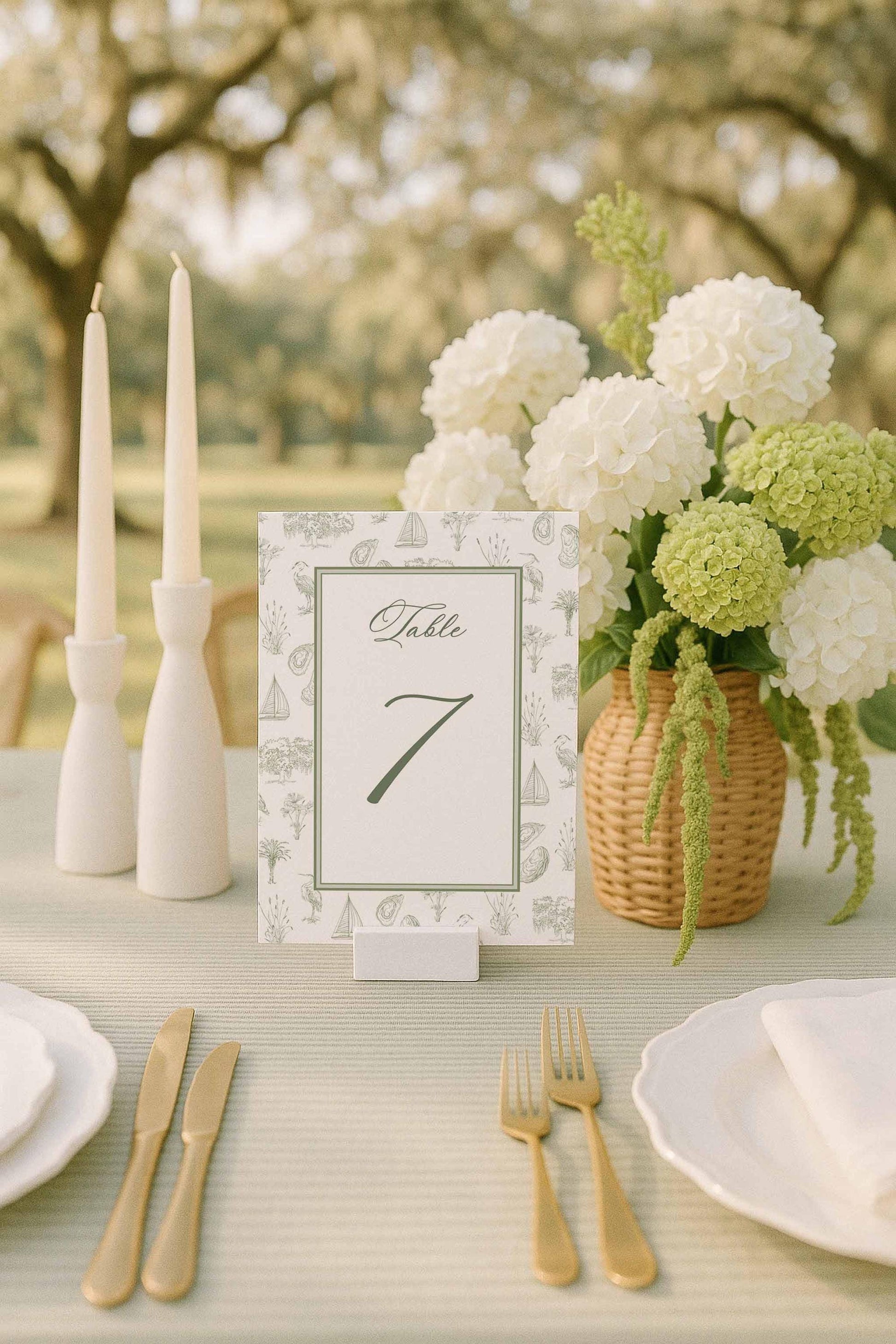 Elegant southern table number template with coastal toile pattern