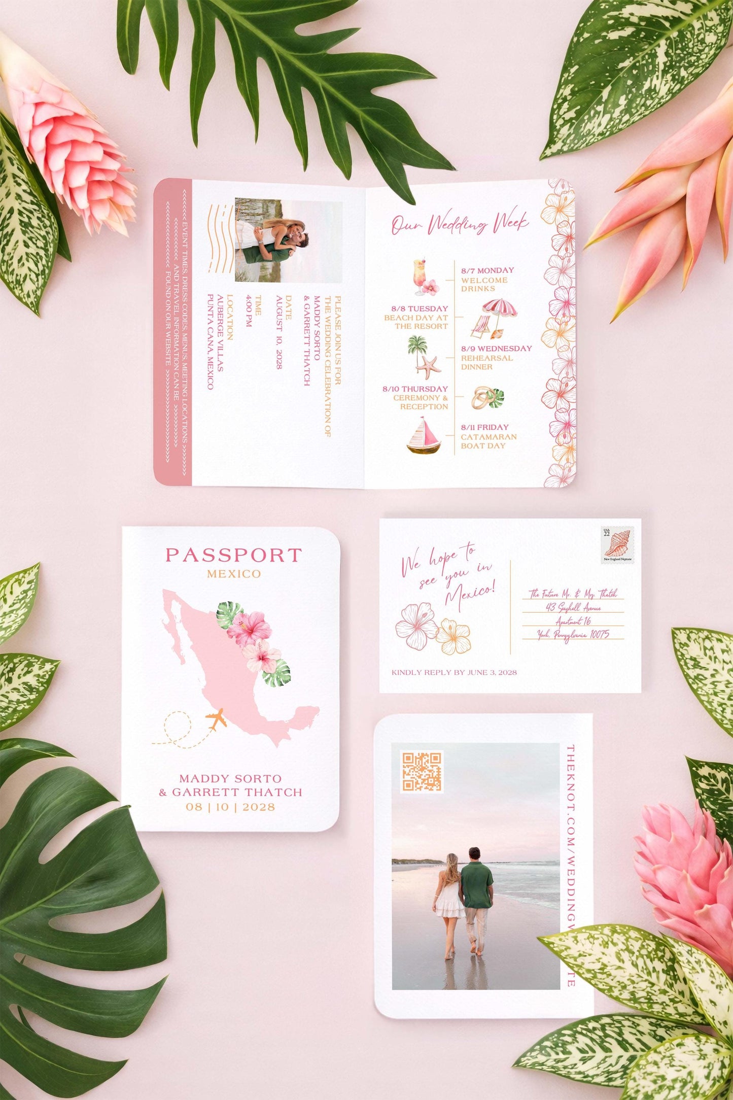 Pink & Orange Tropical Wedding Passport Invitation Template