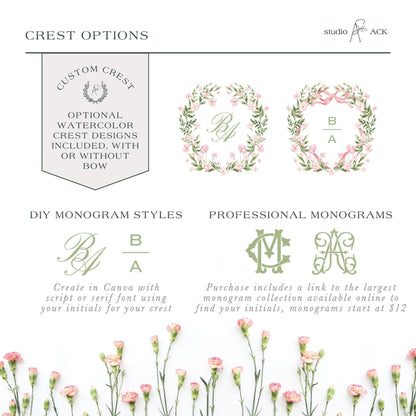 The image is a collage of three different crest options, each with a unique design and style. The crest options include custom crests, DIY monogram styles, and professional monograms. The crest options are presented in a visually appealing manner, with the use of flowers and greenery to enhance the overall aesthetic.