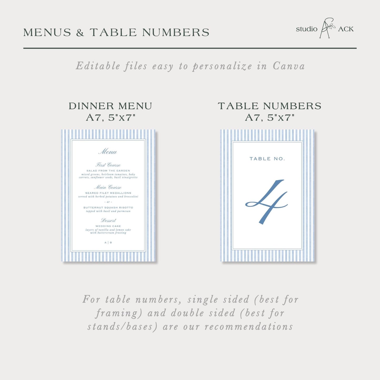 two blue and white menus and table numbers, providing recommendations for table numbers based on framing and bases.