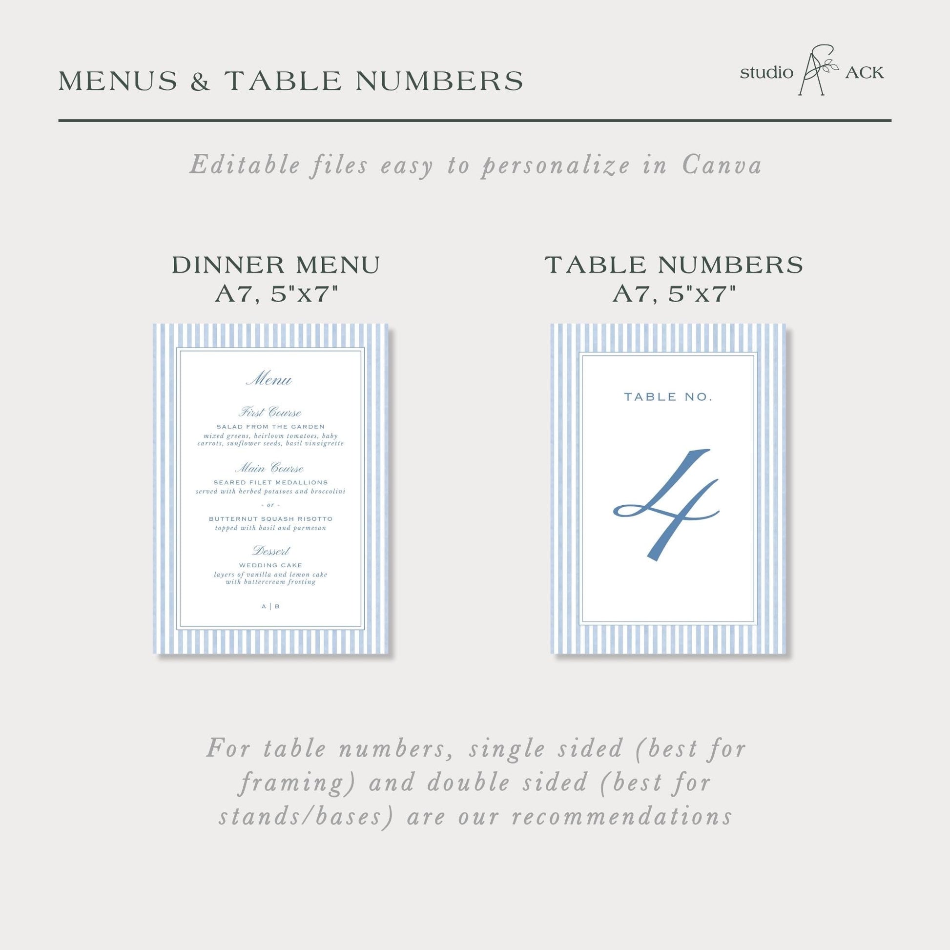 two blue and white menus and table numbers, providing recommendations for table numbers based on framing and bases.