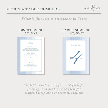 two blue and white menus and table numbers, providing recommendations for table numbers based on framing and bases.