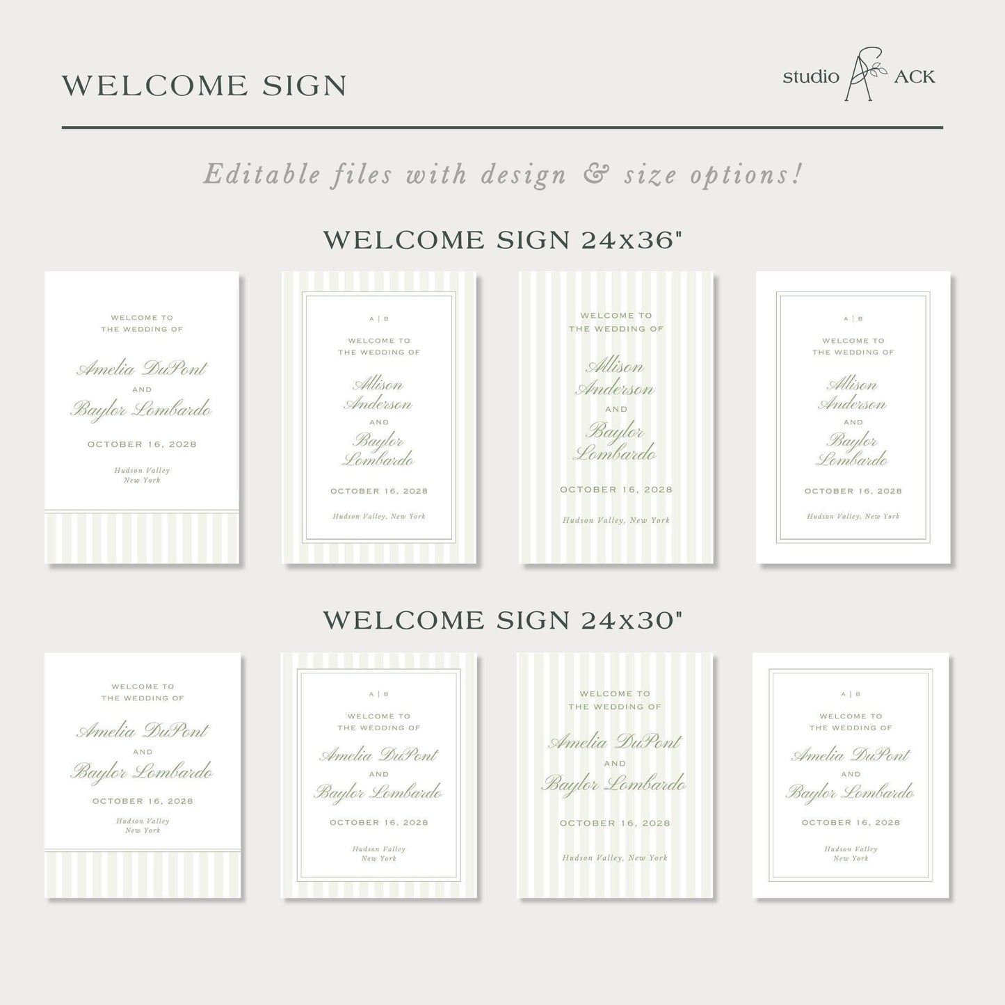Green Striped Wedding Welcome Sign Template
