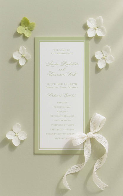 a wedding invitation card with a green and white color scheme, surrounded by white flowers and a white ribbon.
