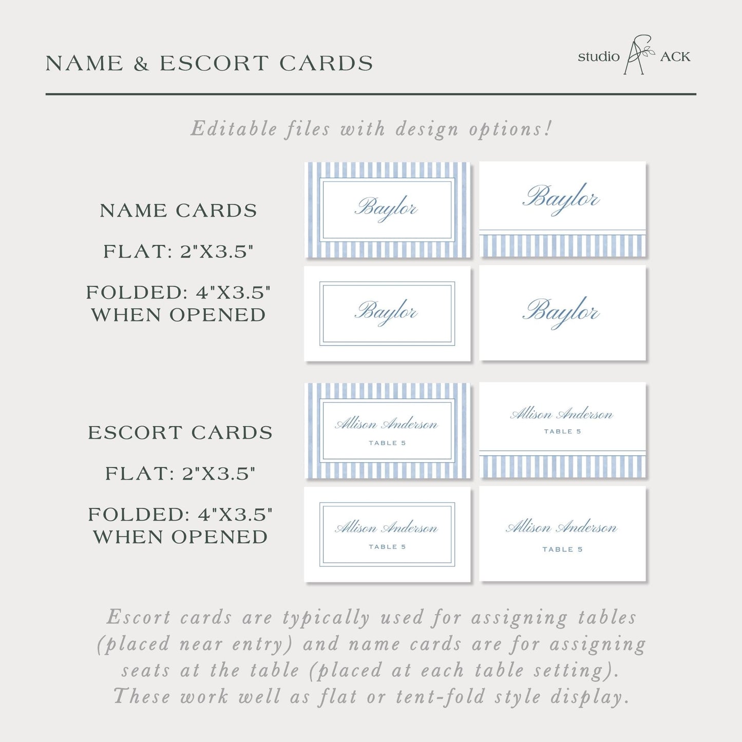 a collection of name and escort cards, which are typically used for assigning tables and name cards for assigning seats at the table. These work well as flat or tent-fold style display.