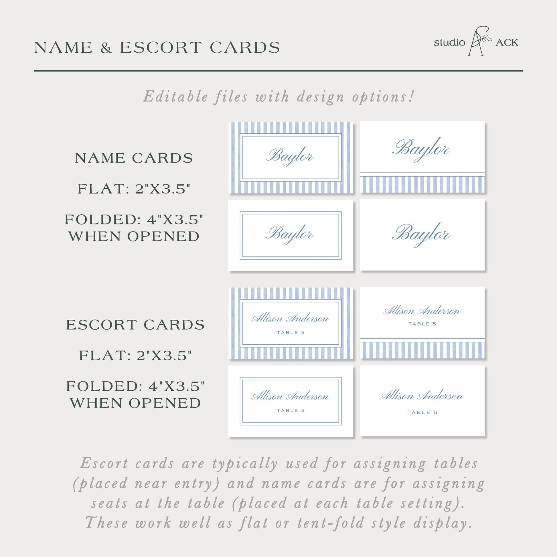 a collection of name and escort cards, which are typically used for assigning tables and name cards for assigning seats at the table. These work well as flat or tent-fold style display.