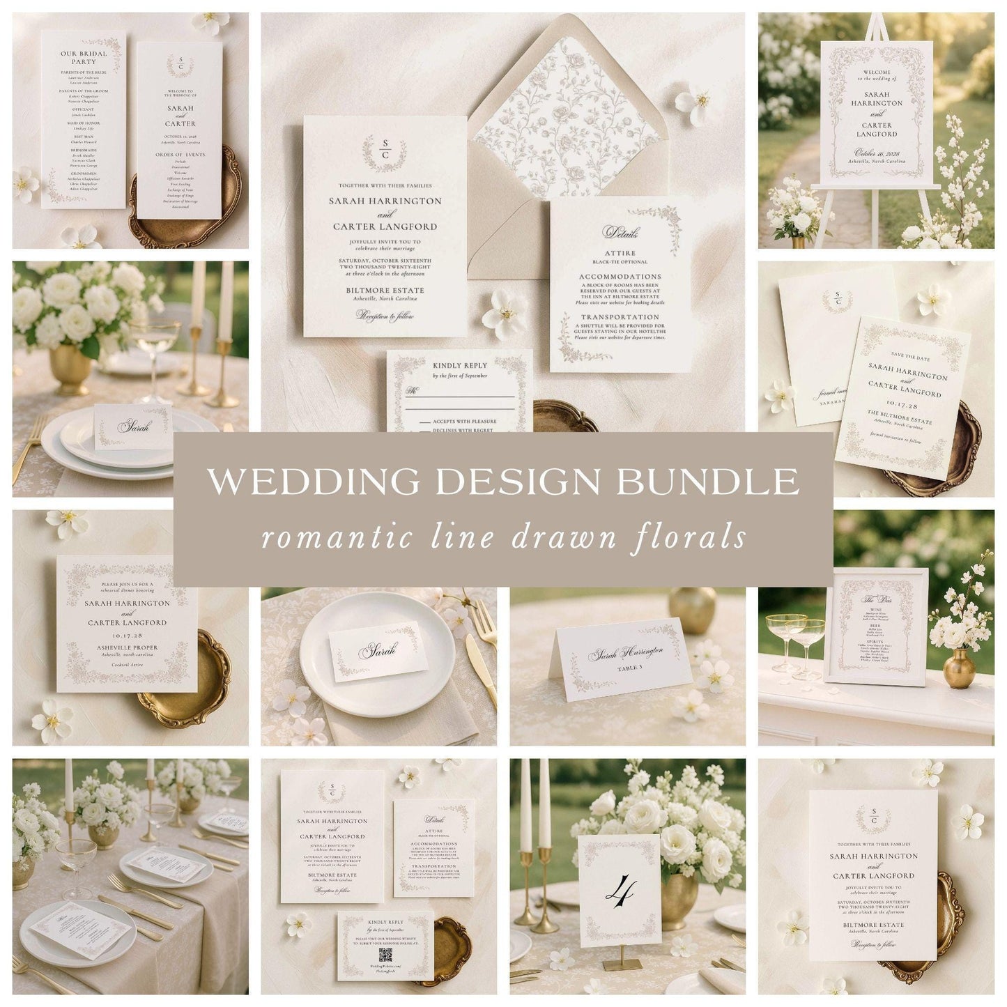Neutral wedding invitation bundle with hand drawn floral line art displayed in an elegant beige and ivory styled flat lay.