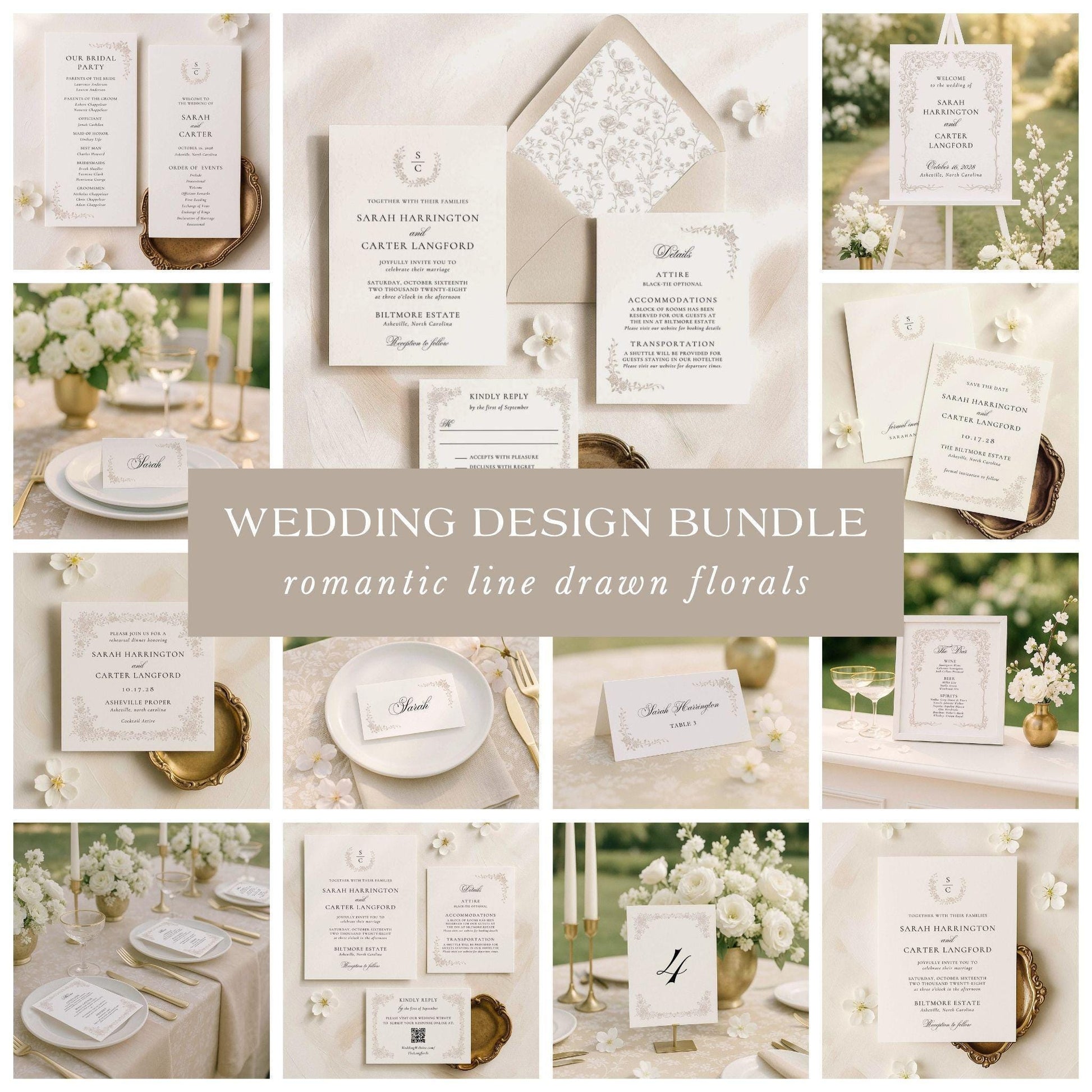 Neutral wedding invitation bundle with hand drawn floral line art displayed in an elegant beige and ivory styled flat lay.